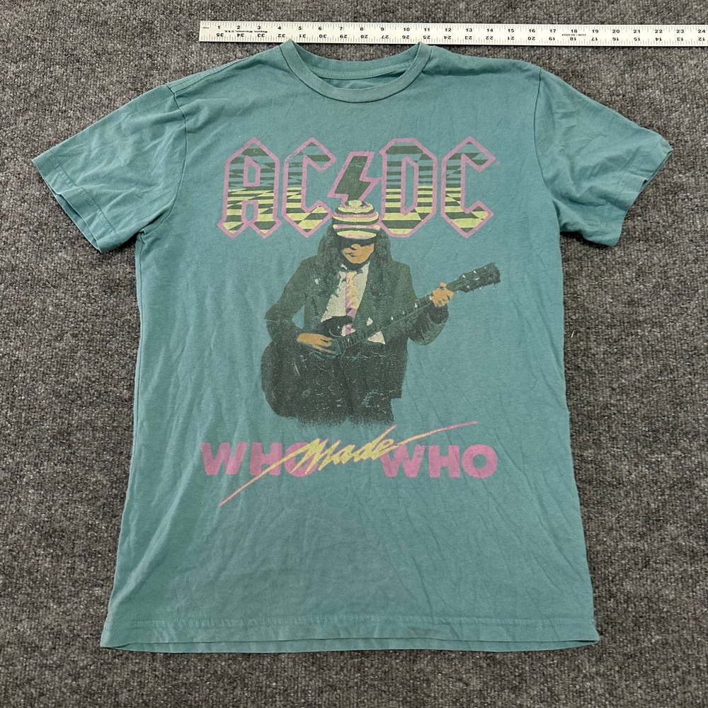 AC/DC T-Shirt Mens Size S Teal Who Made Who 1986 Tour Rock Band Short Sleeve